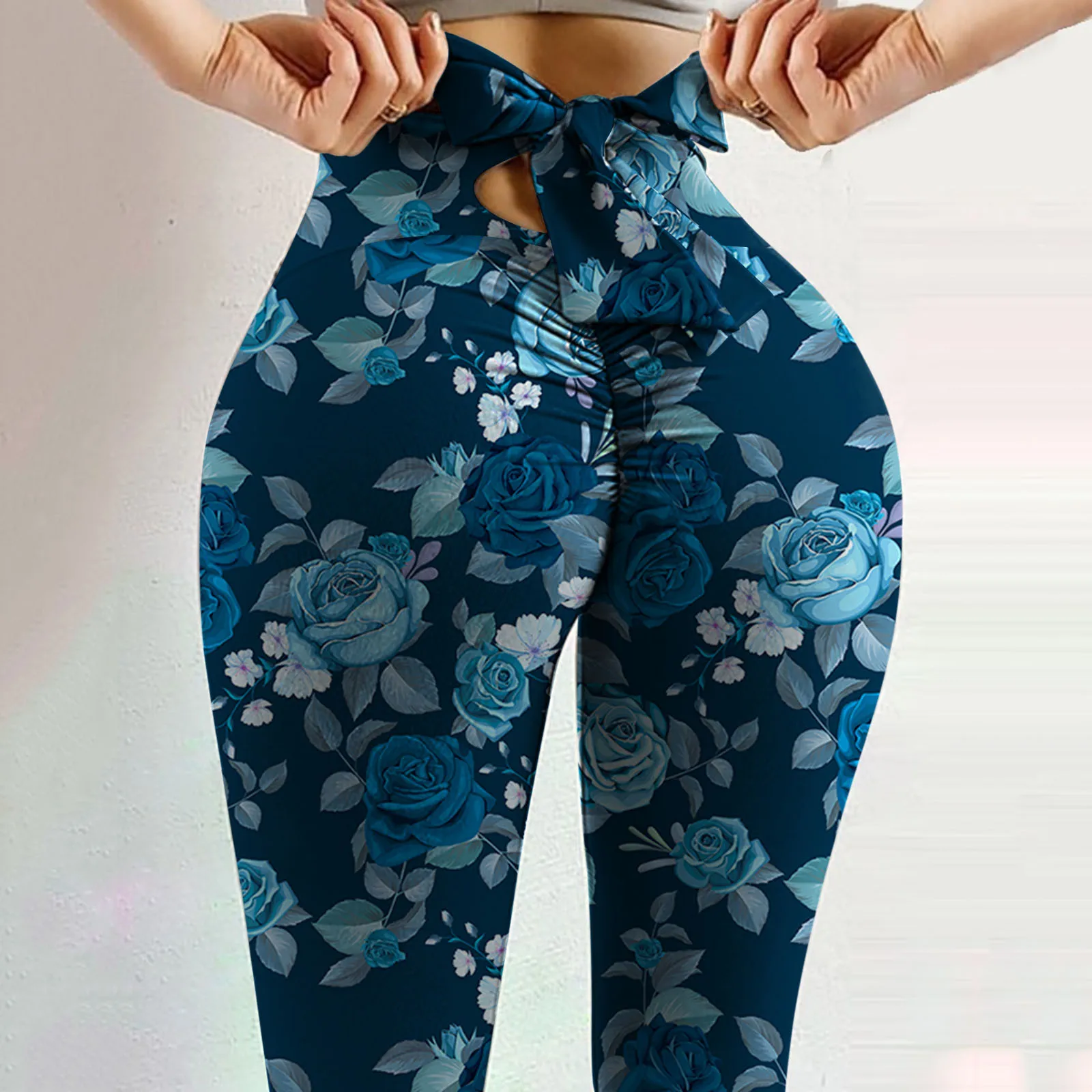 

High Waist Fashion Flower Leaf Print Stretch Skinny Yoga Pants With Back Bow Ties Fitness Leggings For Women, Picture color
