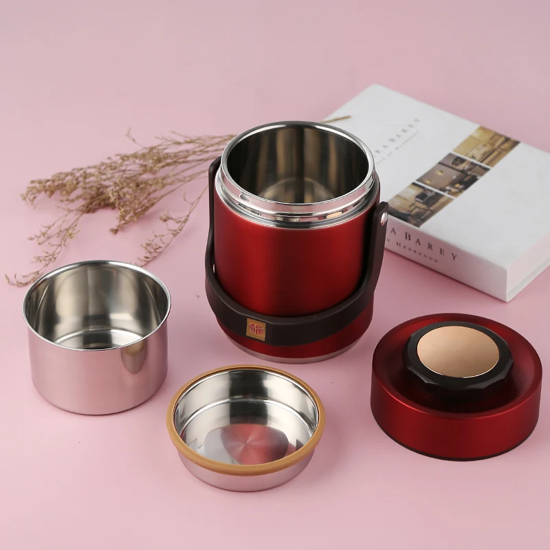 

Traditional Vacuum insulation Thermal Stainless Steel Tiffin Lunch Box Pot For Adults with handle, Red/natural/gold