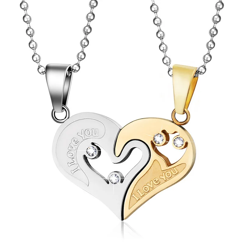 

wholesale couple i love you necklace stainless steel cz love puzzle matching heart shaped pendant couples necklace pair, Silver/gold/black/blue