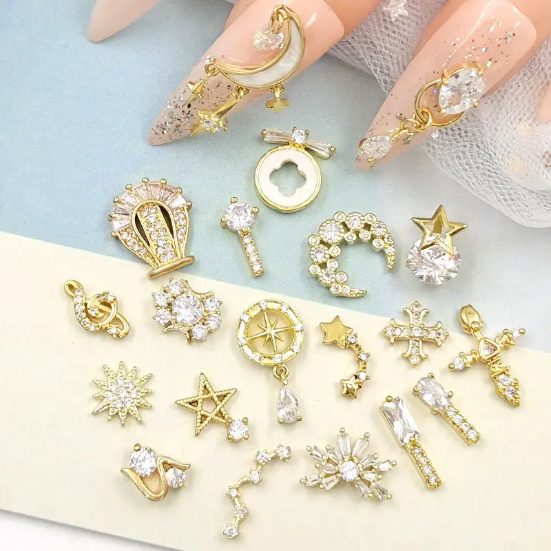 

Luxury Nail Art Charm Cubic Zircon Nail 3D Diamond Gold Plated Star Moon Clover Nail Sticker DIY Art Decoration Finger Jewelry, Colorful