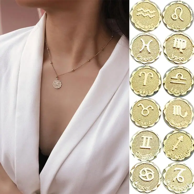 Simple copper bead chain engraving zodiac necklace