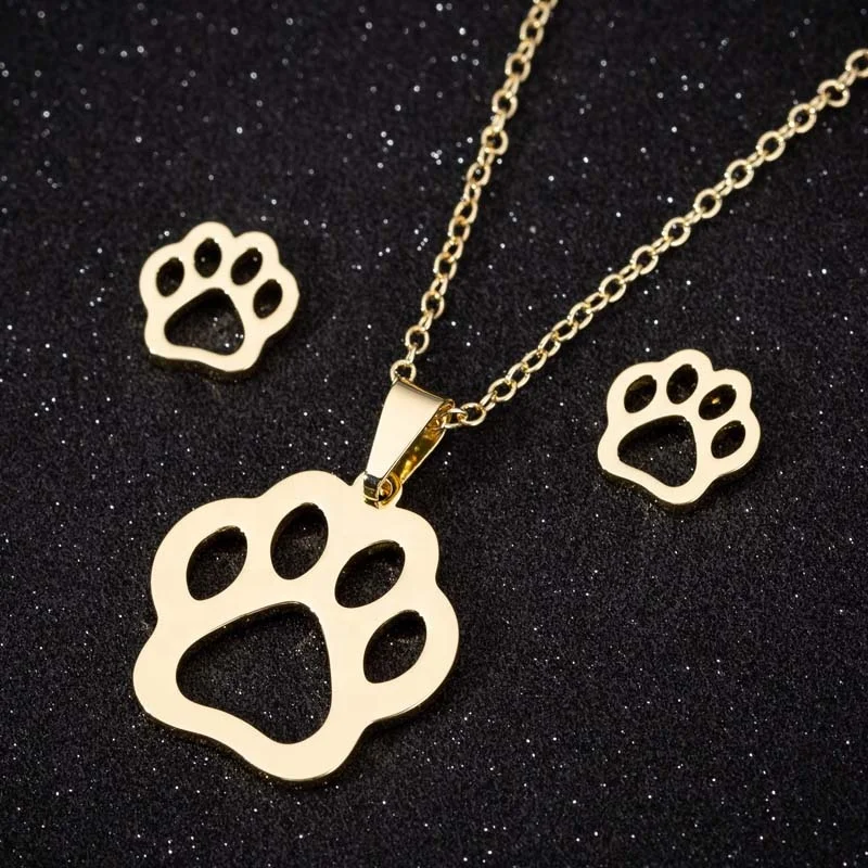

New Punk Pet Paw Print Pendant Necklaces Set for Women Puppy cat lover pet jewelry Sets Female Animal Jewelry