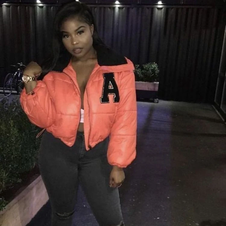 

Letter A Applique Contrast Faux Fur Collar Zipper Pockets Puffer Jacket Women Winter Coats