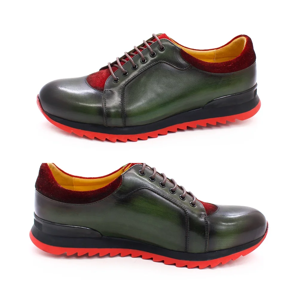 

2022 Trendy Casual Real Leather Shoes For Men Lace-Up Suede Mix Cow Leather Handmade Color Sports Red White Bottom Sneakers, Green