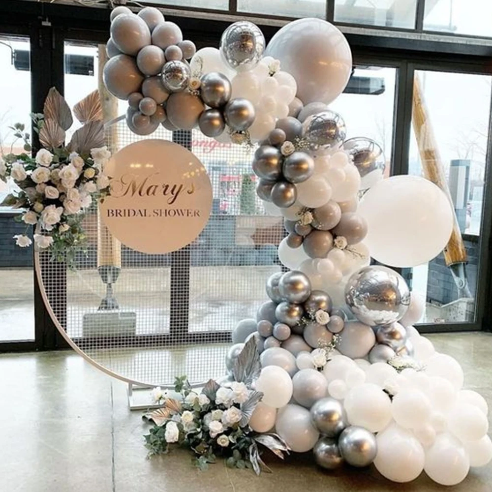 

Baby Shower Wedding Decoration Background Wall Party Supplies 103pcs White Grey Macaron Balloons Garland Arch Set Silver 4D Ball