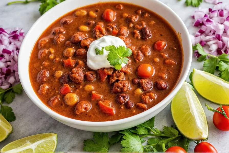 Colorful toppings bar with sour cream, diced onions, cilantro, and lime wedges arranged around a steaming bowl of chili