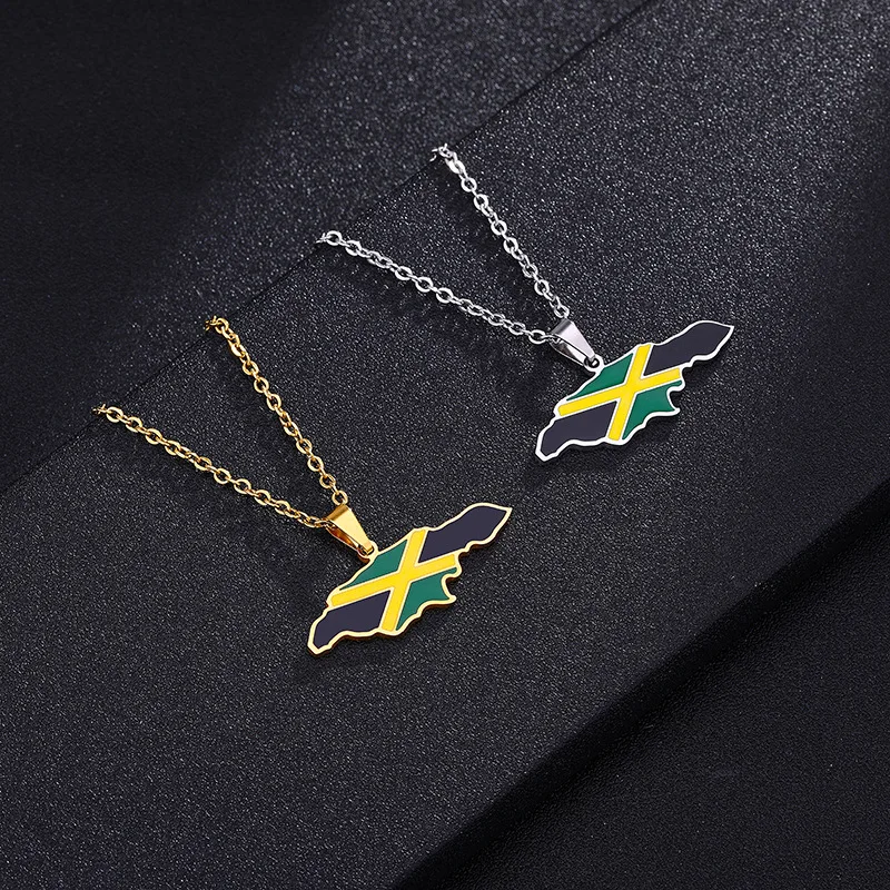 

Enameled Jamaica Map Chain Necklaces Stainless Steel 18K Gold Plated Enamel Jamaica National Flag Map Pendant Necklace