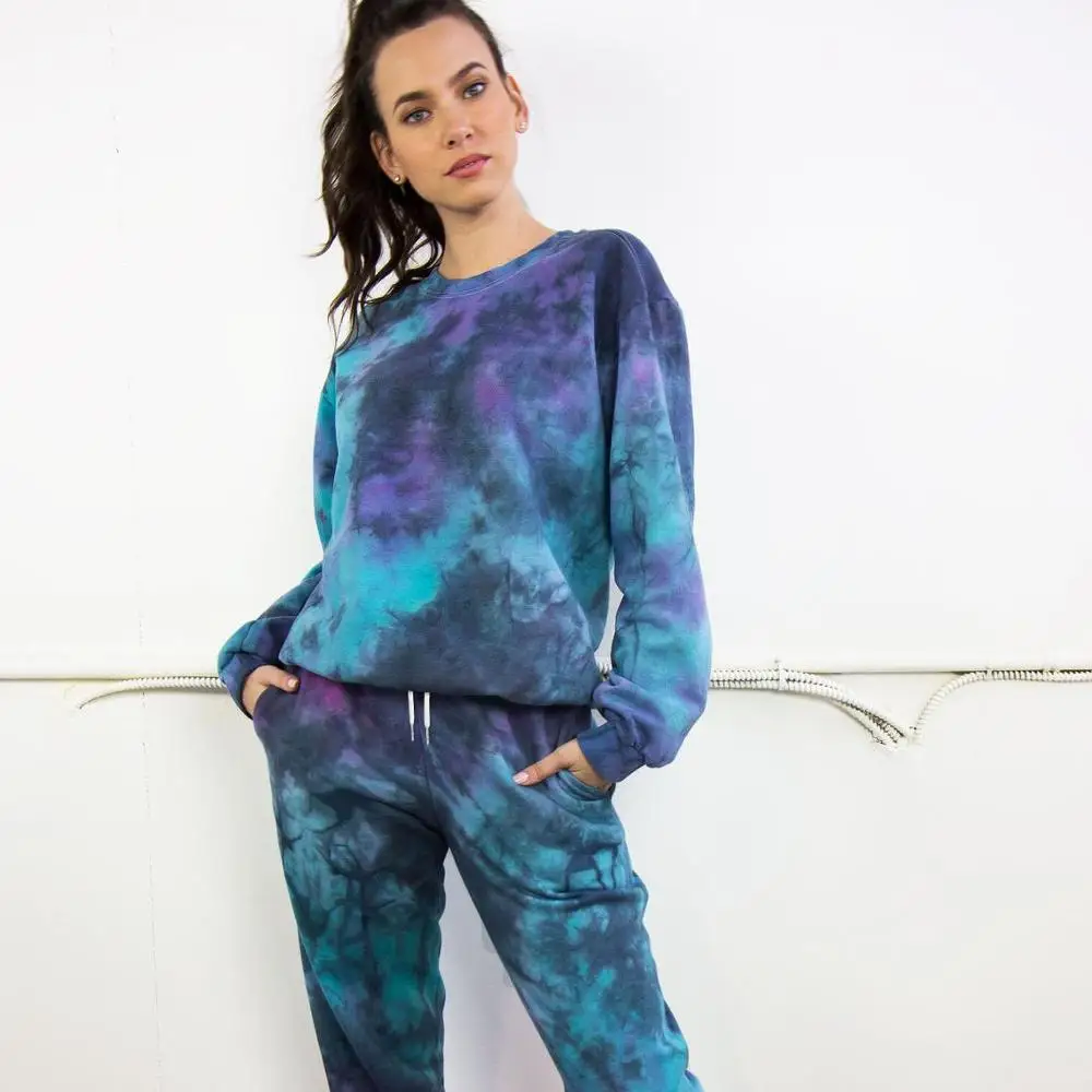 

Custom Print Logo Casual Long Sleeve Ladies Crewneck Tie Die Sweatshirt and pant Womens 2 pieces set, Mix