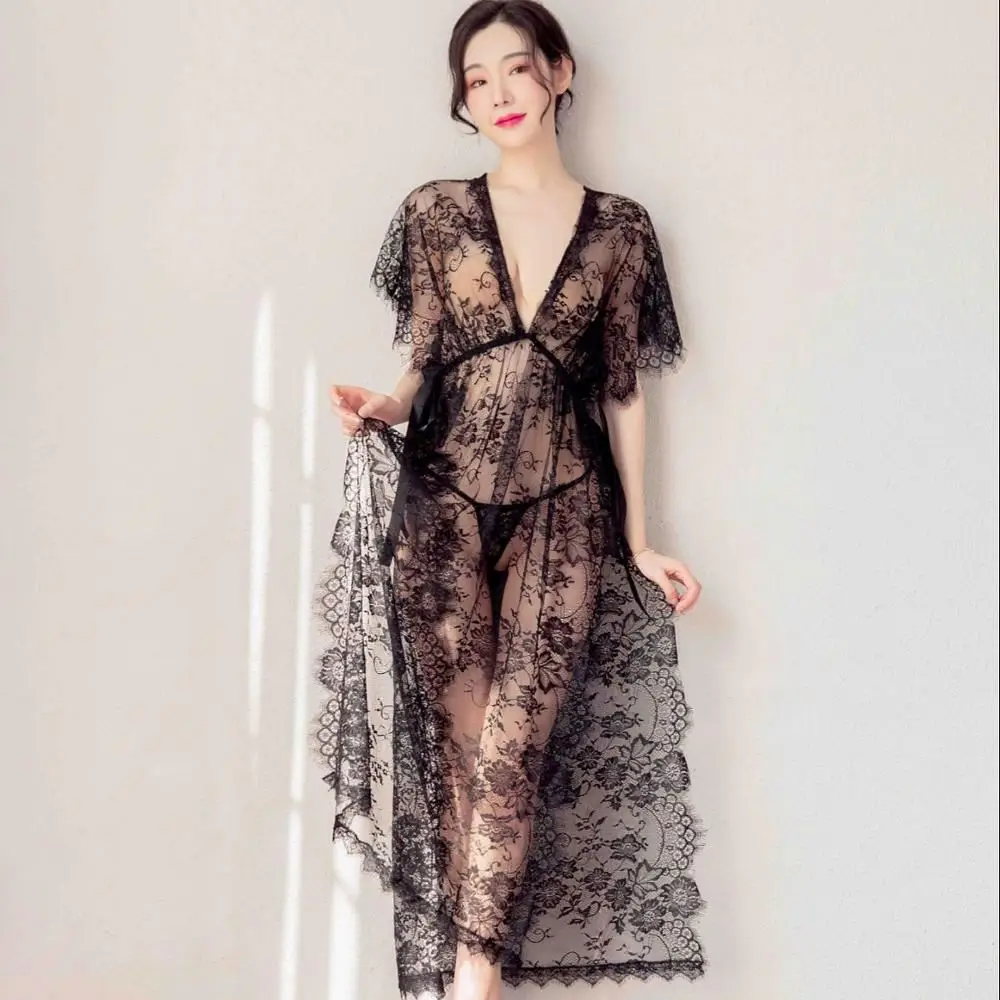 

Sfy8857 New arrival fashion design fancy see-through short sleeve sleepwear lace eyelash women sexy lingerie ladies robe