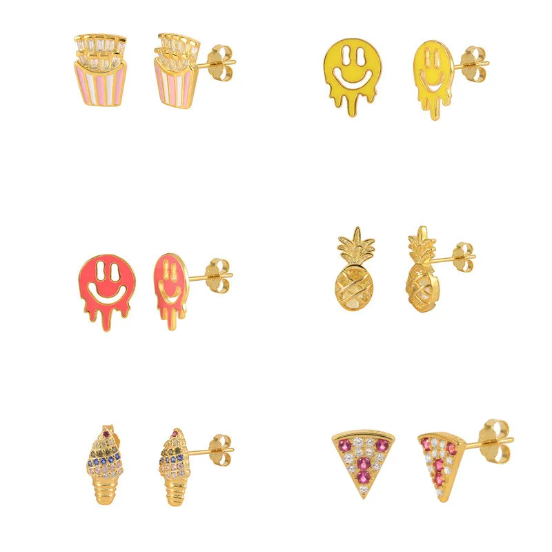 INS popular cute small stud earrings ice cream 18k gold plated sterling 925 silver Pineapple zircon fruit earrings summer