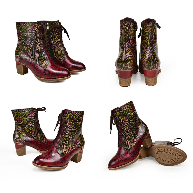 
Socofy Embossed Cowhide Leather Handmade Heels Ankle Shoes Women Martin Boots 