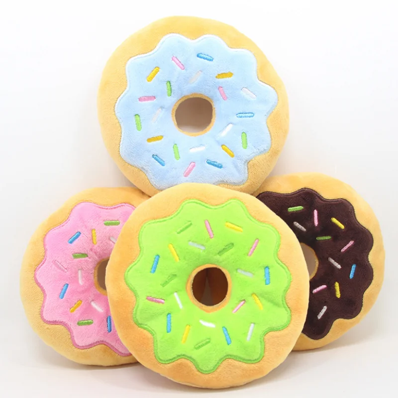 

New Arrival Eco-Friendly Soft Plush Donut Shape Indestructible Chew Squeaky Dog Toy