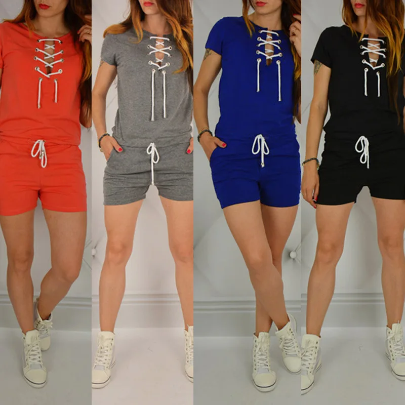

WW-0880 Corns Short Sleeve Shorts Hot Pants Jumpsuits Summer Sets Jumpsuit Shorts For Women Clothing, Customized color