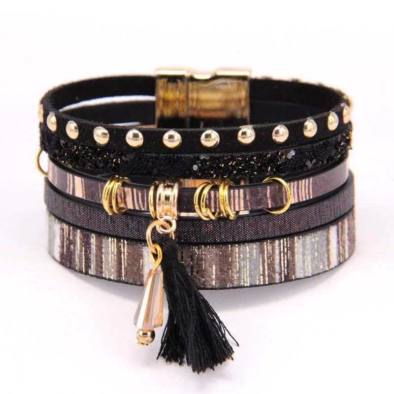 

Bohemian Trendy Blue Brown Magnetic Clasp Leather Wrap Bracelet Glitter Sequins Multi Layers Leather Tassel Bracelet