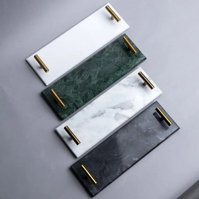 

Rectangle Black White Marble serving Tray Salver With Handle For Home Hotel