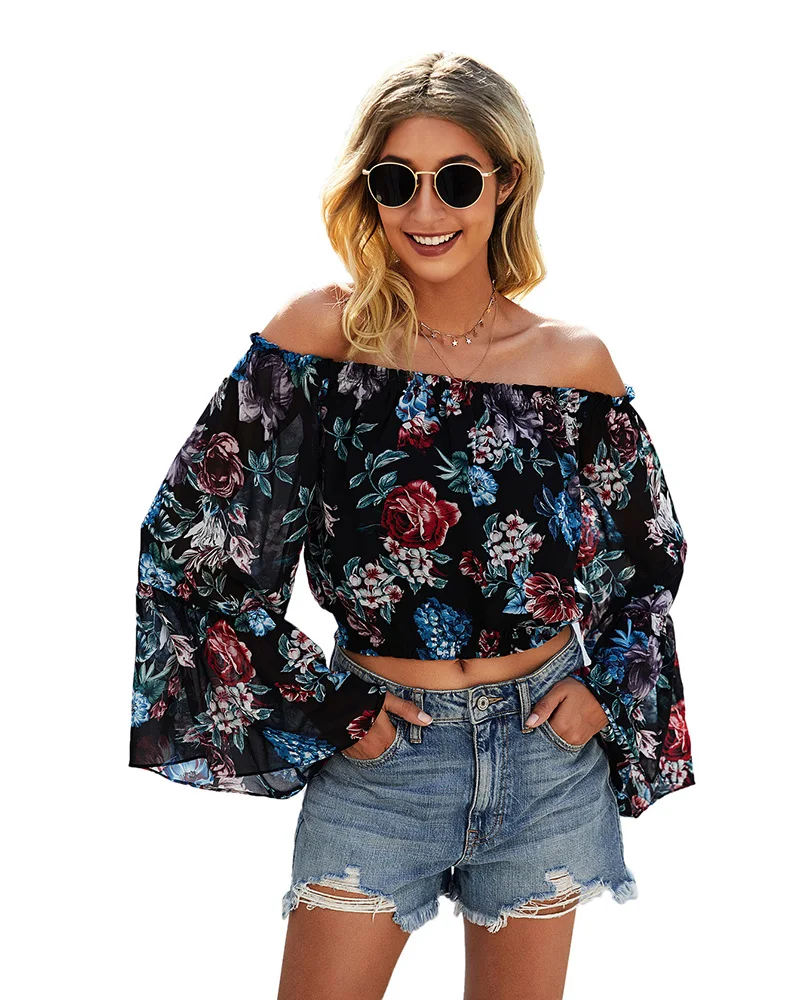 

Chiffon Shirt Women Casual Tops Elegant Floral Print Flared Sleeve Sexy One Shoulder Short Blouse, Red, white, white orange, black red, black blue,