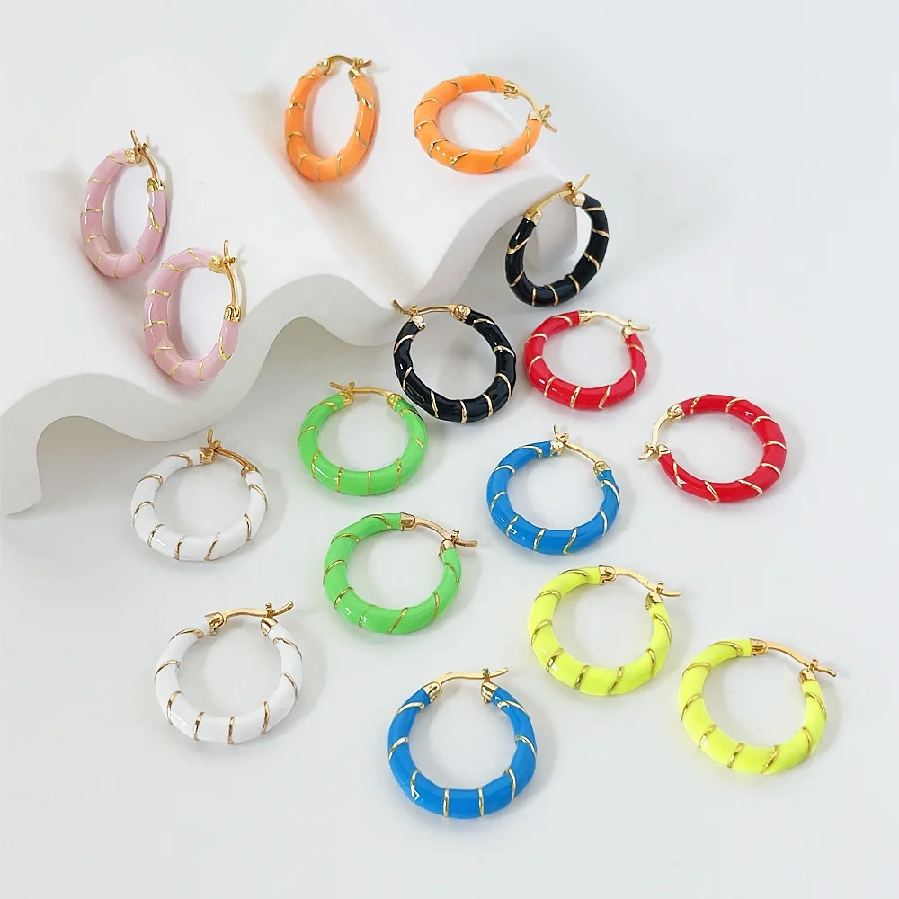 

2021 new arrival jewelry fashion y2k colorful drip oil big hoops earring for women simple gold spiral huggies enamel earrings, Yellow