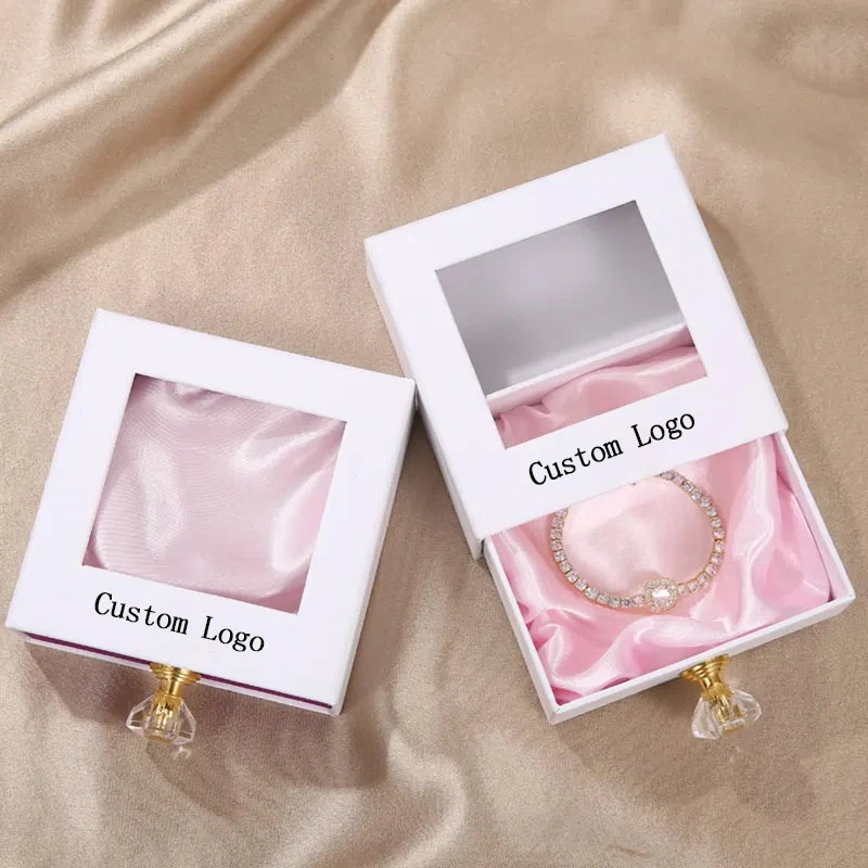 Customized Logo Cardboard Drawer for Jewelry Earring Ring Necklace Pendant Bracelet Packaging Box PVC Window for Jewellery