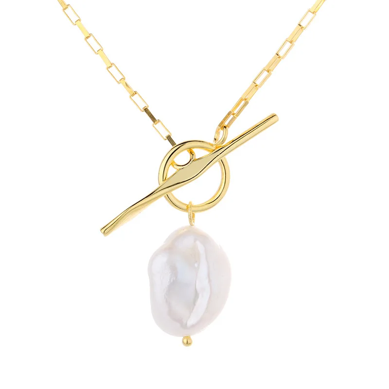 

Fashion jewelry Big Baroque Pearl Pendant Necklace 925 sterling silver fresh water pearl beaded necklace, Gold