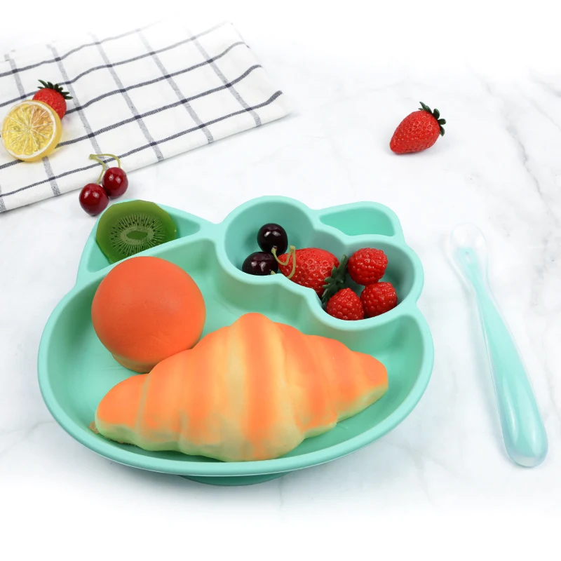 

Factory Direct Wholesale Snack Bowl Divided Suction Kids Dinner Placemat Baby Silicone Plate, Pink or green blue