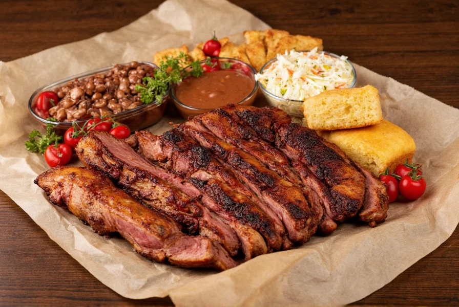 Barbecue platter with smoked meats, baked beans, coleslaw, and cornbread arranged on butcher paper