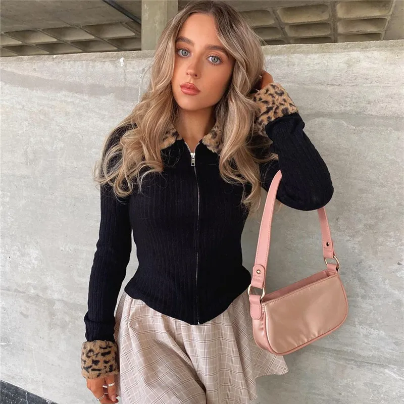 

Zipper Leopard Women Jacket Coat Black Turndown Collar Long Sleeve Top Outerwear Tops Woman