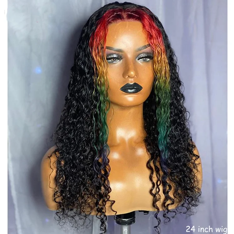 

Wet and Wavy Middle Part Black with Rainbow Color Water Wave T Part 13x4x1 Lace Front Wigs for Black Women