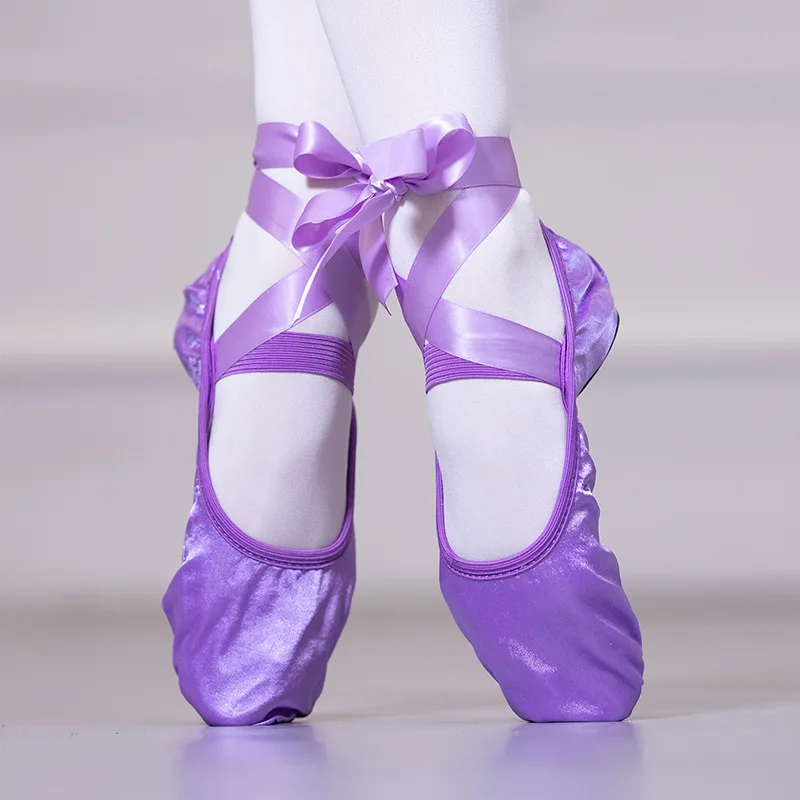 Girls Shoes Ballet Purple Satin Ballet Dance Shoes Kids Split Suede Sole Foldable Soft Practice Shoes  