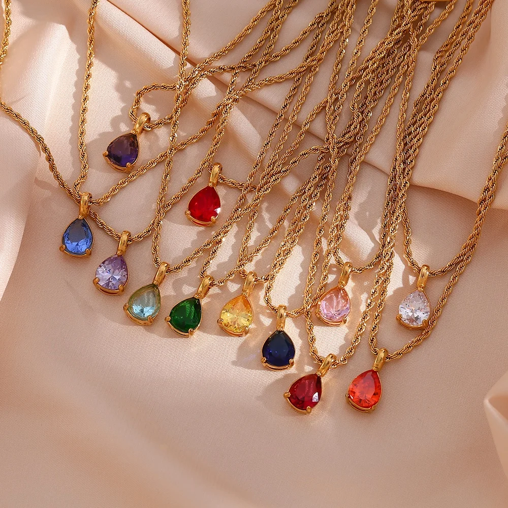 18k Gold Plated Rope Chain Colorful Water Drop Zircon BirthStone Necklace Tarnish Free Stainless Steel Necklace Design Jewelry