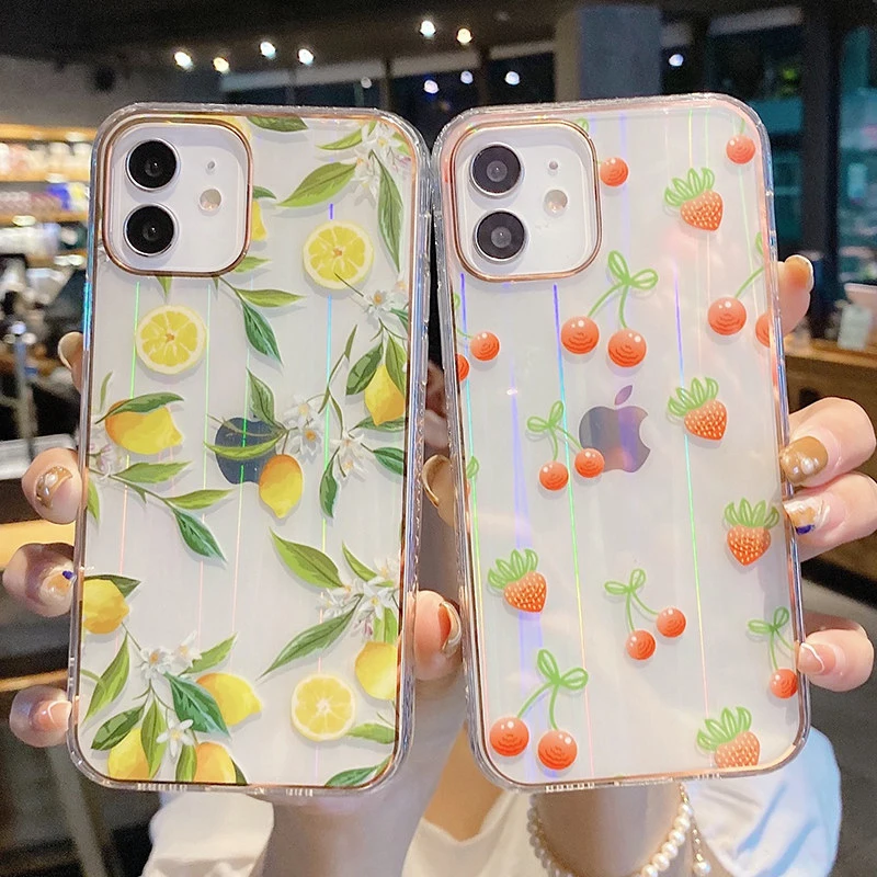 

Luxury Plating Cute Fruit Bumper Phone Case For iPhone 11 12 Pro Max XR XS Max 7 8 Plus X Transparent Back Cover