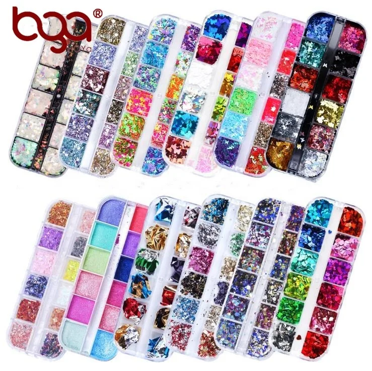 

box-packed Nail Glitter Flakes Sequin Gold Silver DIY Butterfly heart maple star Dipping Powder Nails art powder, Colorful