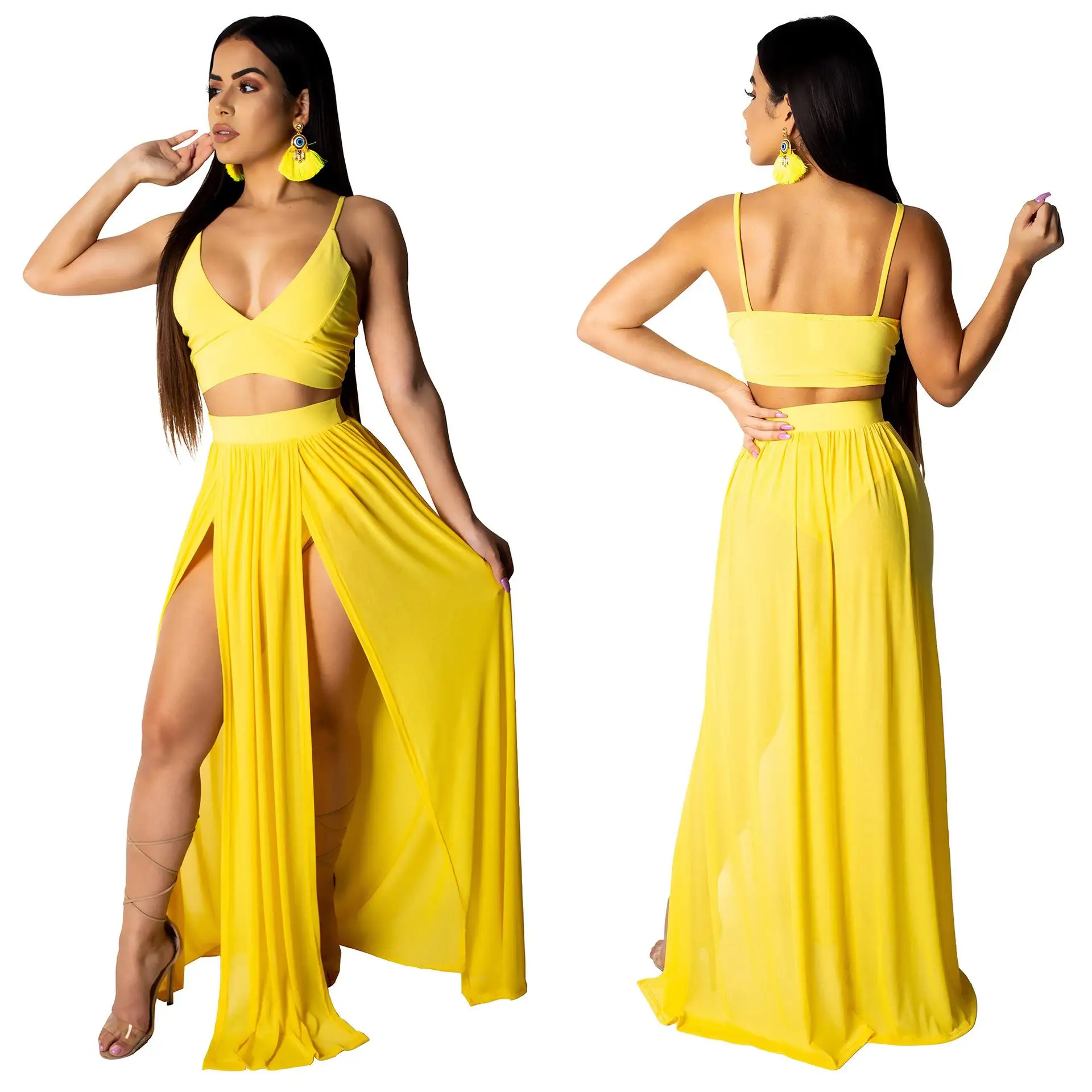 

2021 Sleeveless Crop Top Summer Women's Sexy Elegant Sling Chiffon Skirt Two-Piece Suit