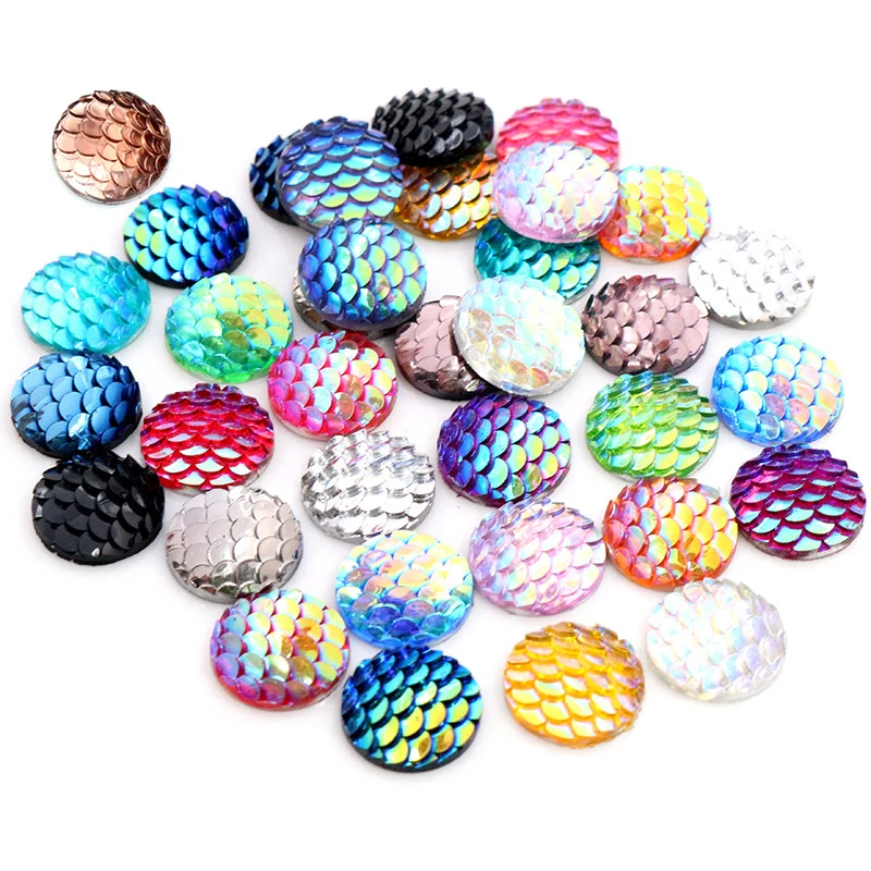 

40pcs/lot 8/10/12mm Mermaid Fish Scale Flatback Cabochons Dome for DIY Earrings Necklace Bacelet Jewelry Making Findings, Multi-colors