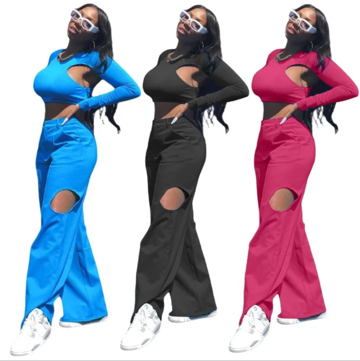 

2021 New Arrivals Sexy Hollow Out 2 Piece Set Solid Crop Top With Wide Leg Pants Suit Women Casual Fall Set