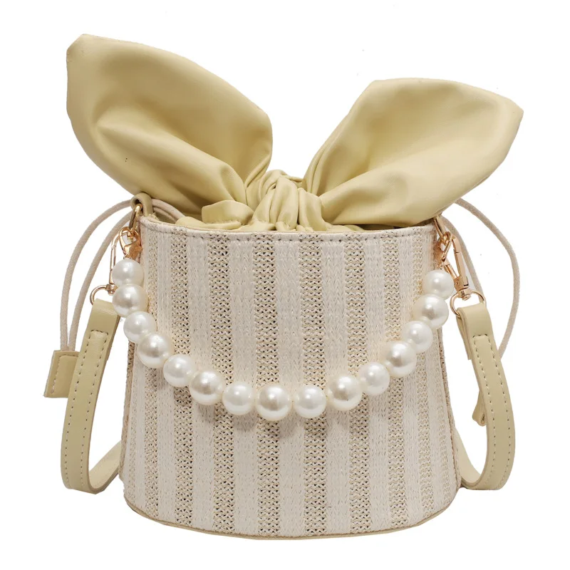 

2021 Amazon New Design Straw Bag Fashion Pearl Handbag Leather Women Bucket Bag, Natural