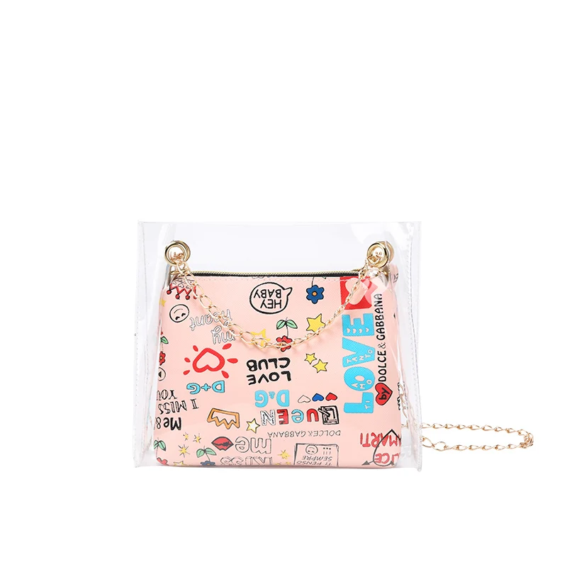 

2021 Wholesale Cheap PVC Summer Bags 2pcs Women Fashion Shoulder Bag Clear Jelly Clutch Bags Transparent Handbag, 5 colors