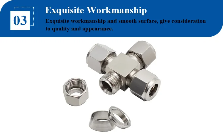 SS304 Stainless Steel Double Ferrule Equal Union Tee Three Way Compression Tube Fitting
