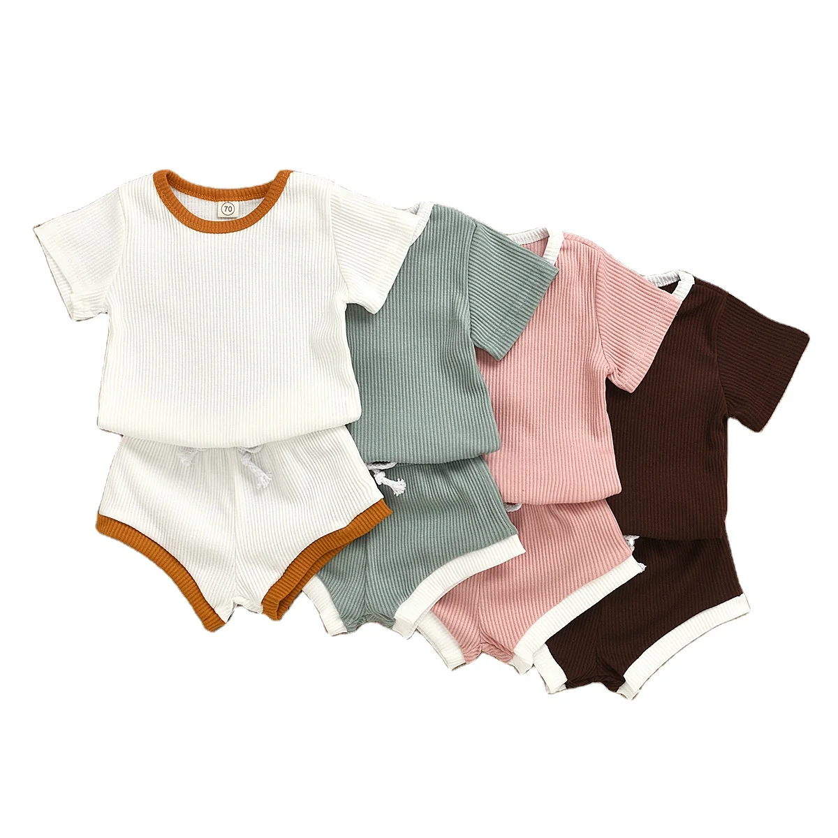 

Summer Boys Girls Infant Toddler Clothes Ribbed Cotton Top Short Tracksuits Baby Outfit, Photo showed and customized color