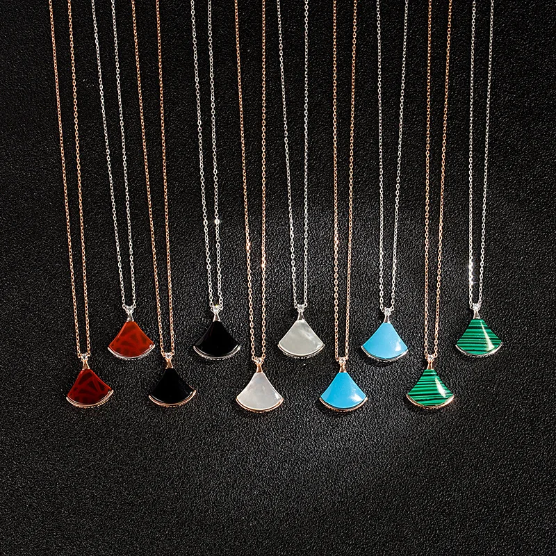 

High Quality Fan-Shaped Skirt Necklace S925 Sterling Silver Fan-Shaped Multicolor Fritillary Pendant Necklace, As shown