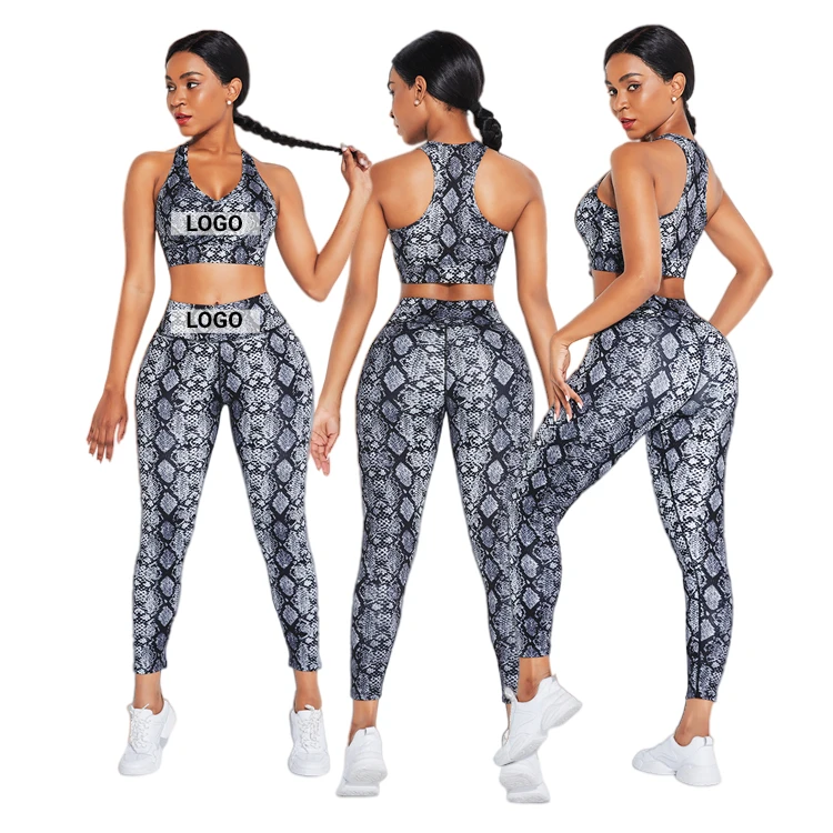 

2021 New Design Custom Logo Summer Snake Print Two Piece Womens Yoga Sets Fitness, As show