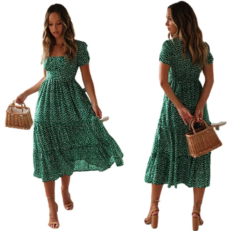 

2021 Flowery dress with square neck and bubble sleeves, Red, green, black