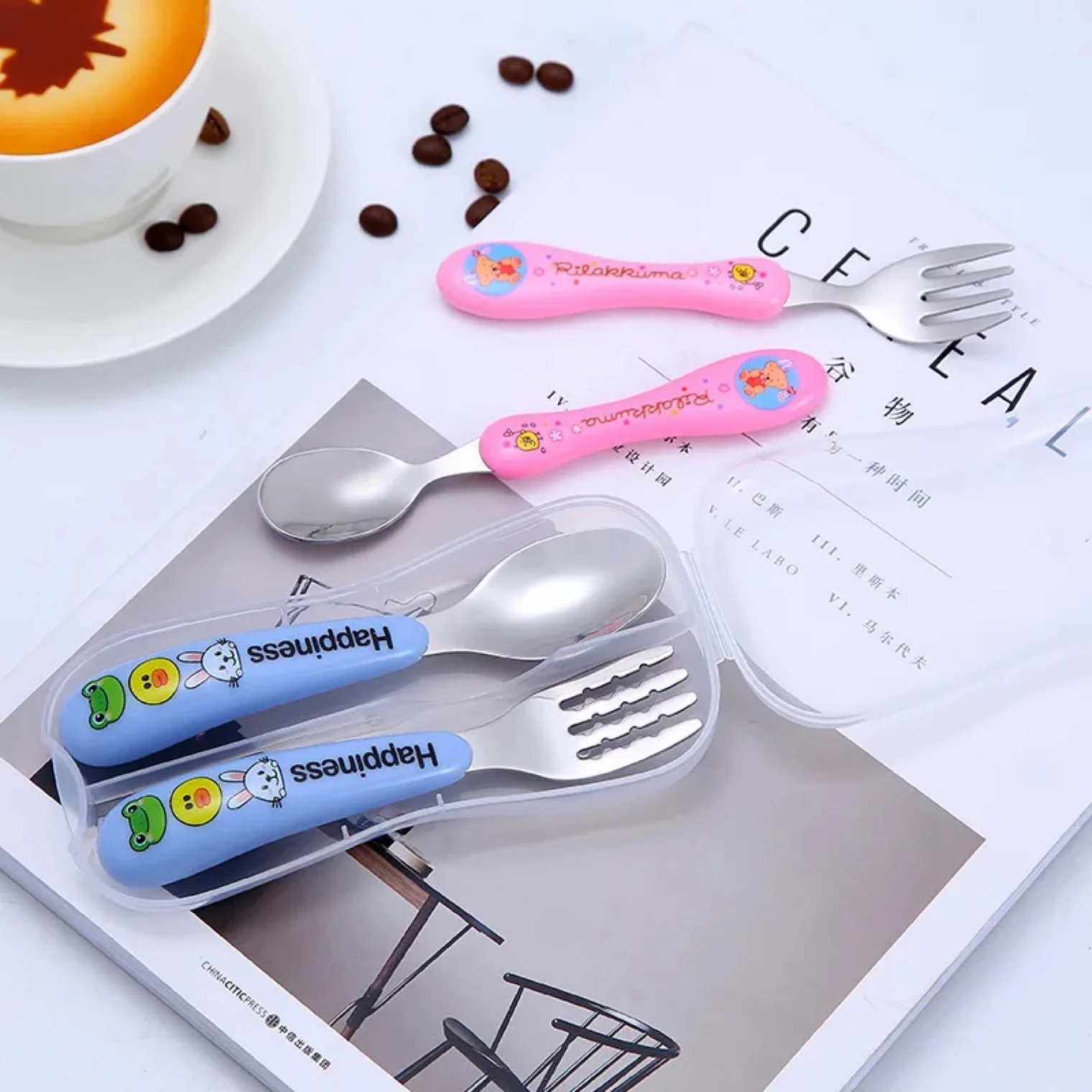 

Cartoon cat children cutlery set stainless steel 304 baby spoon Flatware lovely soup spoon fork, Blue,yellow, pink custom