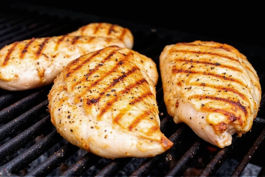 Grilled chicken breasts with golden crust showing lemon pepper rub application on outdoor grill