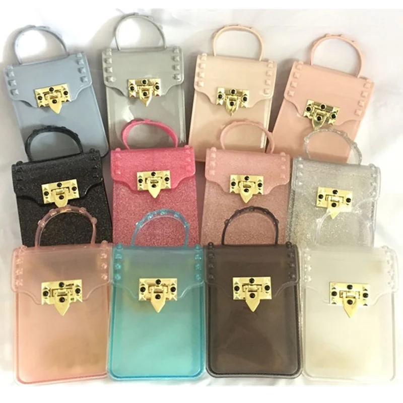 

Girls glittering Jelly hand bag purse mini rivet silicone jelly mobile phone bag with chain