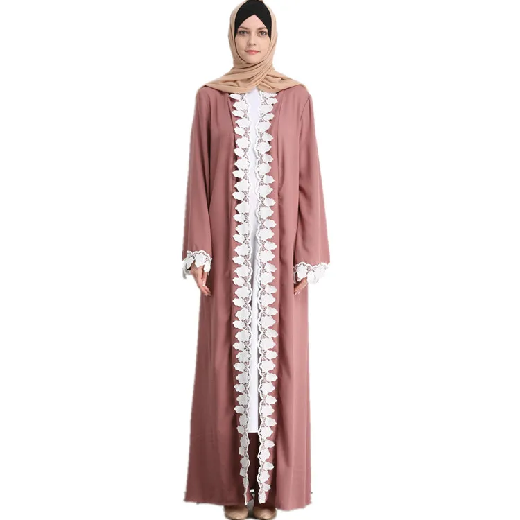 

High quality cotton and linen with lace islamic clothing abaya with belt, Pink