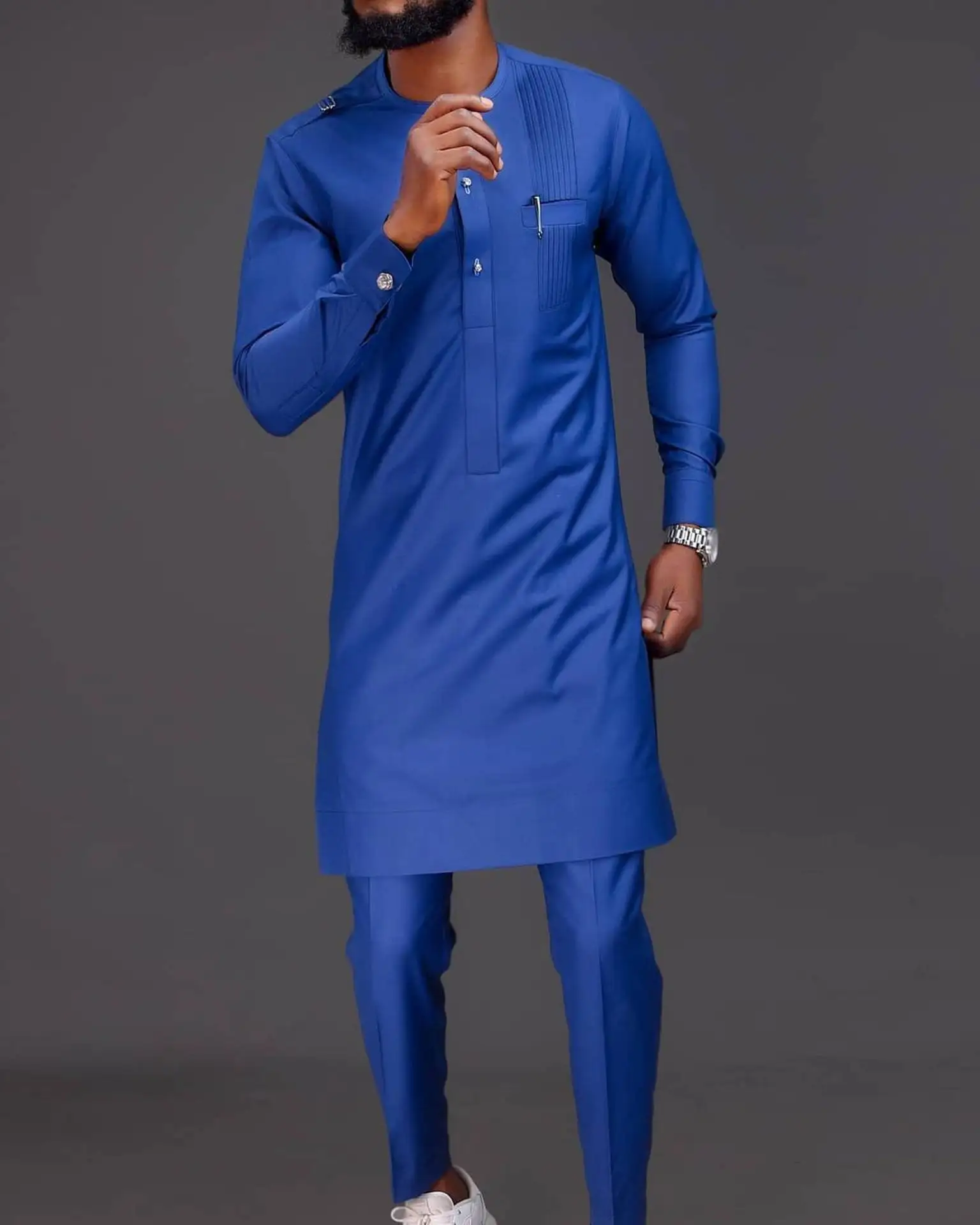 S-4XL Youth Leisure Embroidered Round Neck Navy Blue African National Style Men's Shirt Streetwear