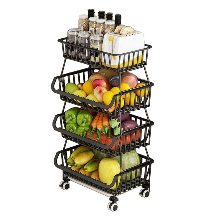 

Household Kitchen Storage Basket Cabinet Multi-Functional Stand Multilayer Storage Shelf with Wheels, White/black