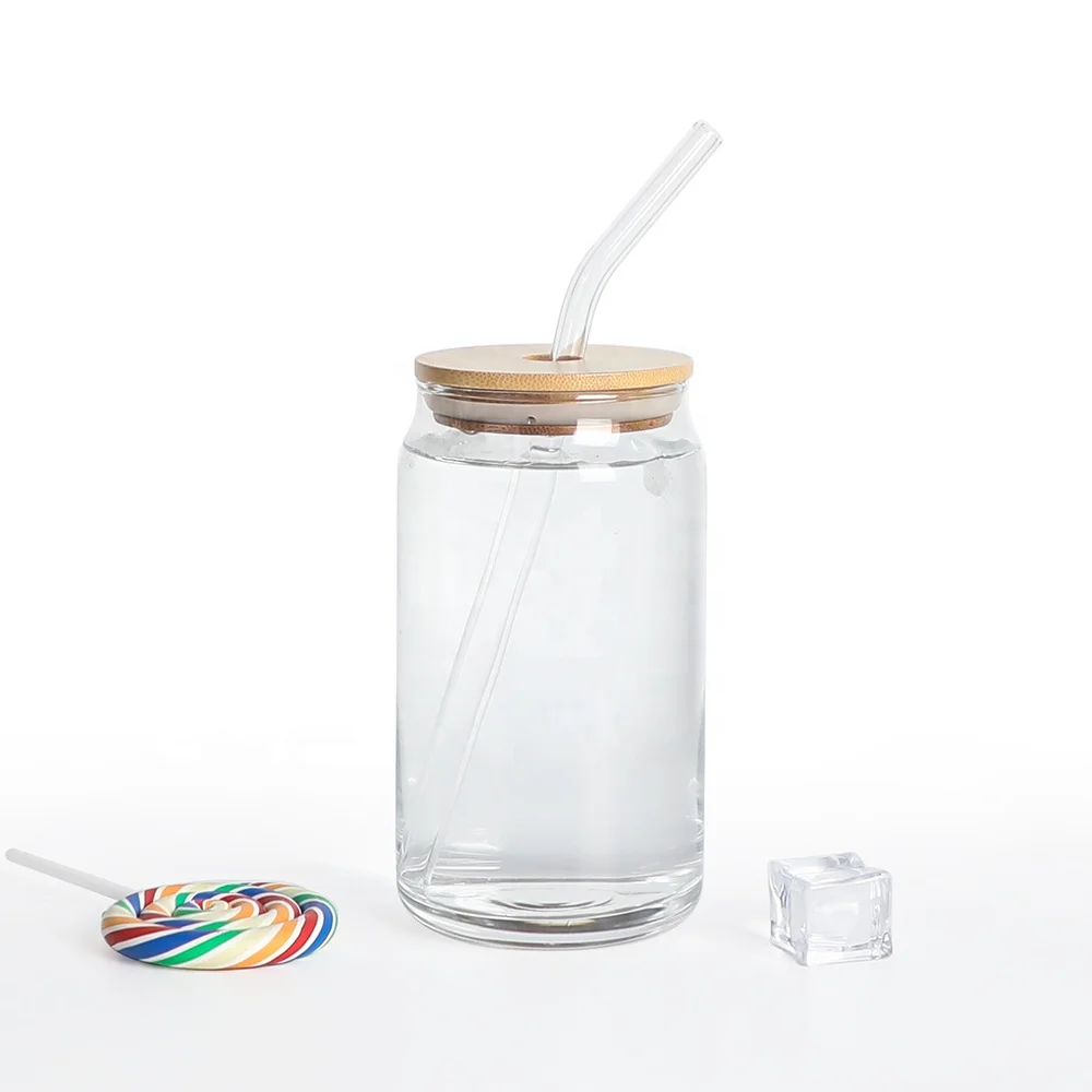 

Custom Glass Tea Coffee Cup Soda Beer Can Shaped Glass 16oz Cup Mugs With Bamboo Lid And Straw, Transparent clear can glass