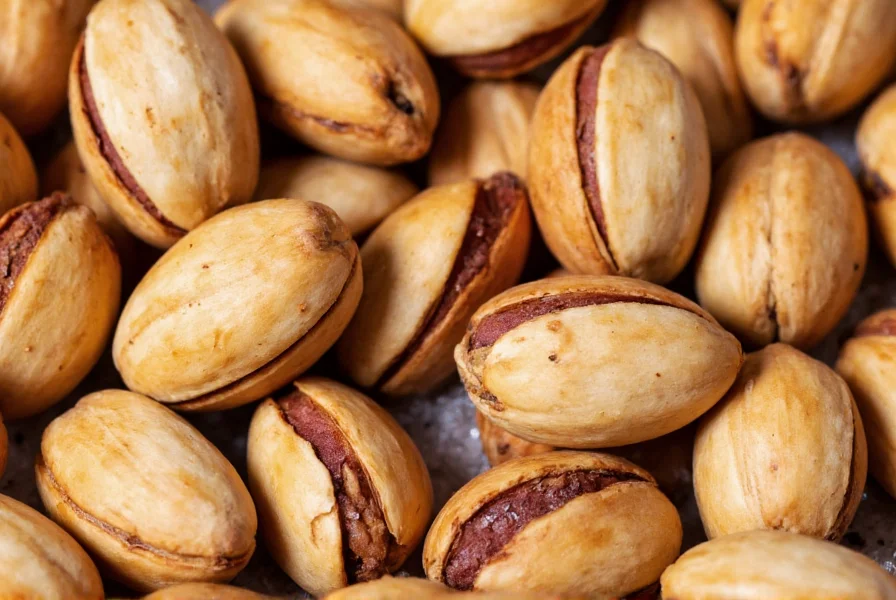 Close-up of perfectly roasted pistachios with visible black pepper flakes and sea salt crystals