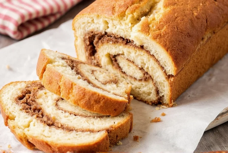 Perfectly sliced cinnamon swirl bread showing even layers and golden crust